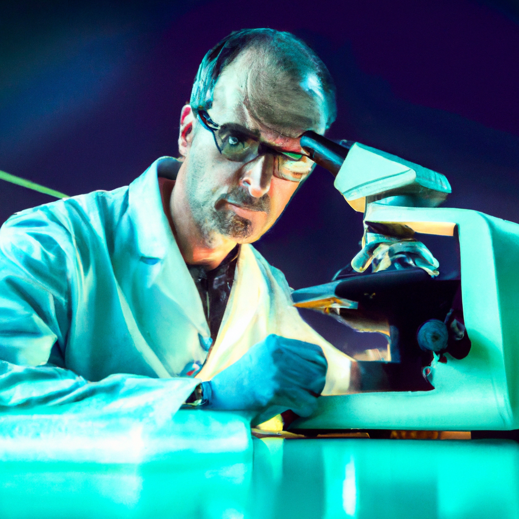 Portrait d’Adrien, microbiologiste, en laboratoire avec microscope